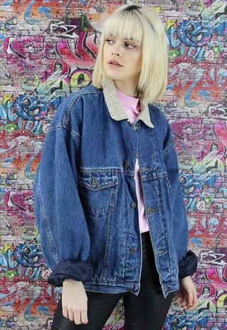 VINTAGE 80S MID BLUE BLANKET LINED DENIM JACKET. UNISEX.