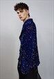 SEQUIN BIKER JACKET BLUE GLITTER BOMBER SPARKLE EMBELLISHED 