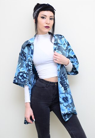 VINTAGE 90'S BLUE HAWAIIAN SKATER PATTERNED OVERSIZED SHIRT