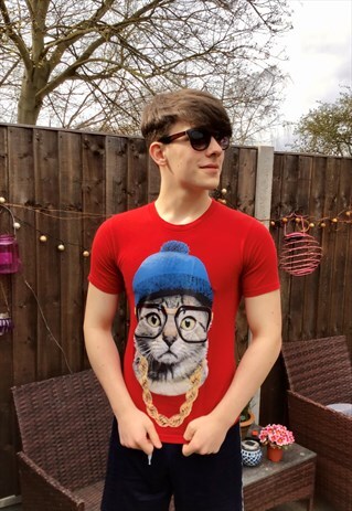 GANGSTA CAT IN HAT , SHADES AND GOLD CHAIN 90S T-SHIRT