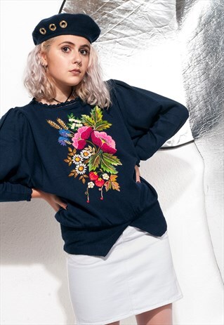 VINTAGE KNIT JUMPER 80S FLOWER EMBROIDERY SWEATER