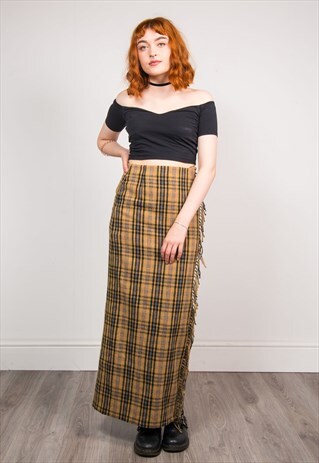 90'S VINTAGE BEIGE TARTAN CHECK PATTERN BLANKET MAXI SKIRT