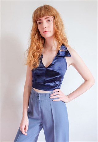 VINTAGE 70S BLUE SATIN HALTER NECK CROP TOP