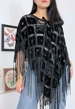 Vintage Black Velvet Crochet Poncho