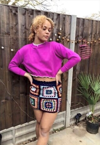 CUTE DOUBLE COLLAR PURPLE BRIGHT COSY CROP TOP 