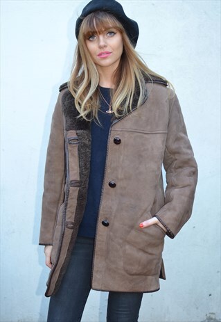 VINTAGE 70S GREY BROWN SHEEPSKIN SHEARLING COAT