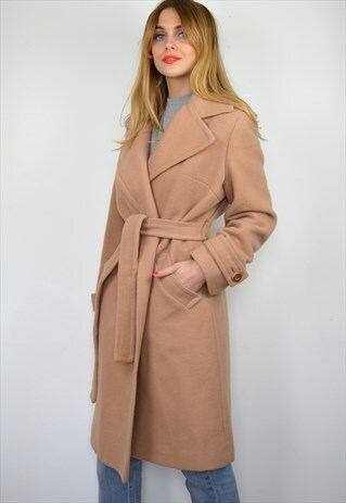 VINTAGE LONGLINE BOYFRIEND CAMEL BROWN WOOL WRAP COAT