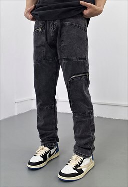 Black Cargo Washed Denim jeans Pants Y2k