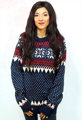 1990S VINTAGE BLUE WITH RED SNOWFLAKE KNITWEAR JUMPER