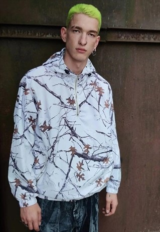 AUTUMN LEAVES PRINT HOODIE WINDBREAKER FABRIC PULLOVER WHITE