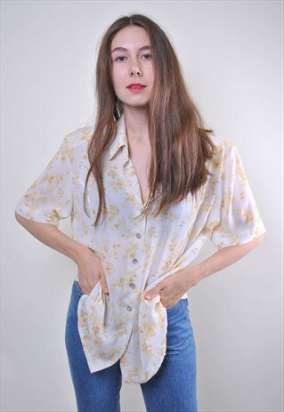 80S NATURE PRINT WOMAN BEIGE FLORAL RETRO BLOUSE