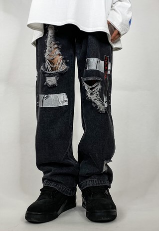 RIPPED GRAFFITI PAINTED JEANS DIRTY WASH DENIM OVERALLS