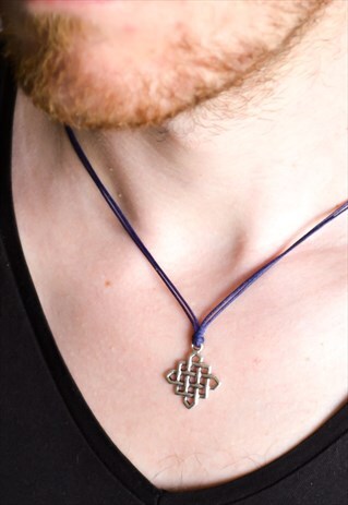 SILVER INFINITY NECKLACE FOR MEN BLUE CORD ENDLESS KNOT GIFT