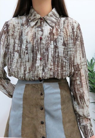 VINTAGE 80S BROWN & WHITE ABSTRACT PRINT SHIRT / BLOUSE