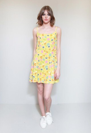 VINTAGE 1990'S YELLOW FLORAL PRINT MINI SLIP DRESS