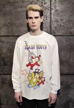Teletubbies long t-shirt slash youth slogan punk top white