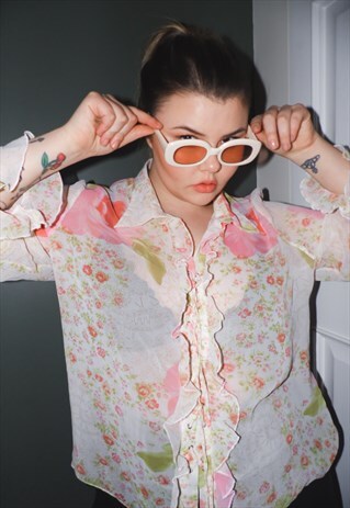 FLORAL BLOUSE TOP WHITE PINK CROSS RUFFLES COLLAR MESH 90'S
