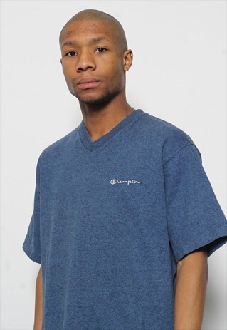VINTAGE CHAMPION SPELL OUT LOGO T-SHIRT BLUE