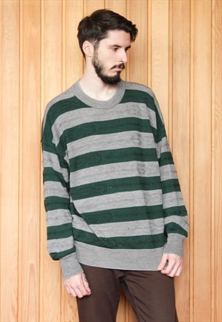 VINTAGE 1980S GREEN AND GREY STRIPED JUMPER