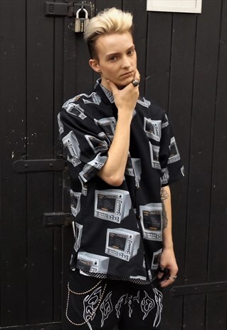 LOOSE FIT OVERSIZE SHORT SLEEVE RETRO PC PRINT SHIRT TOP
