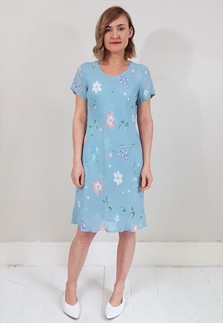 VINTAGE 90'S LIGHT BLUE FLORAL BIAS CUT MINI DRESS