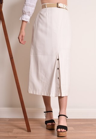 VINTAGE 90S BUTTON MAXI SKIRT IN WHITE WITH TEXTURED BELT