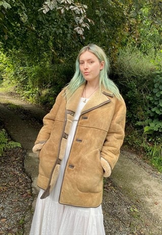 VINTAGE 90S SIZE LARGE GENUINE SUEDE SHEARLING TRENCH COAT 