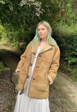Vintage 90s Size large Genuine Suede Shearling Trench Coat 