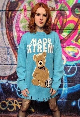 TEDDY SWEATER FLUORESCENT BEAR OVERSIZED TOP RIP JUMPER BLUE