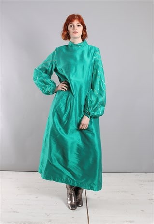 VINTAGE 60S TURQUOISE SATIN PUFF SLEEVE LONG EVENING DRESS