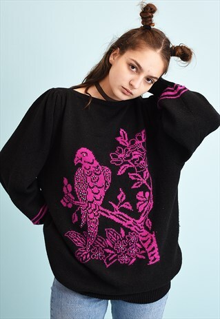 80'S RETRO BIRD PATTERN BEADED MOMS KNIT JUMPER