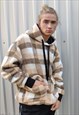 CHECK FLEECE HOODIE FLUFFY TARTAN PULLOVER IN CREAM BROWN
