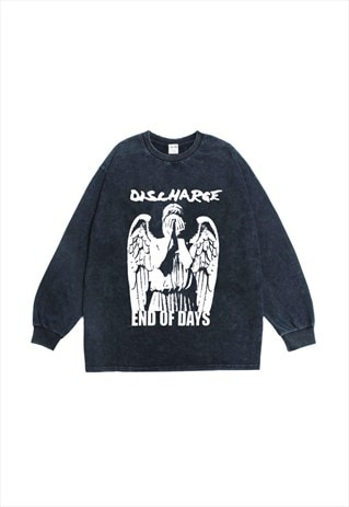 Black Washed Discharge Band Graphic Long Sleeve fans T shirt