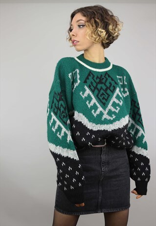 VINTAGE 80S 90S OVERSIZED PATTERNED KNIT JUMPER