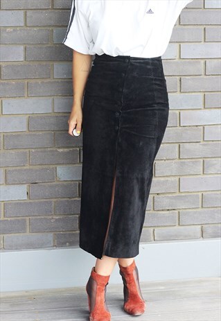 VINTAGE 1990S SUEDE BLACK SPLIT FRONT MIDI SKIRT
