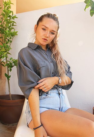 GREY PURE SILK OVERSIZED SHORT SLEEVED SHIRT