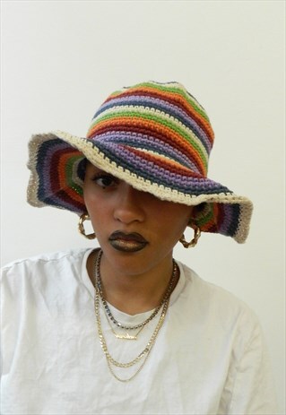 PURPLE ORANGE MULTI STRIPES CROCHET HAT