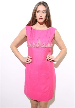 VINTAGE 60S HOT PINK PARTY DRESS BEADED MINI MOD GLAM S-M