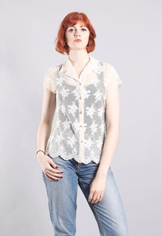 VINTAGE 90S CREAM SHEER EMBROIDERED MESH BLOUSE
