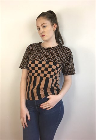 WOMENS VINTAGE FENDI TSHIRT BROWN BLACK ZUCCA PRINT TOP