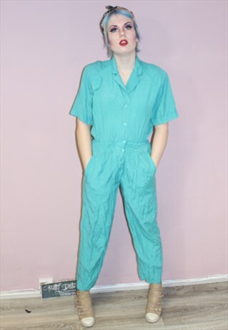 80S VINTAGE TURQUOISE KITSCH RETRO BLUE JUMPSUIT