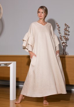 Beige Linen Maxi Dress, Kimono Dress, Ruffle Sleeve Dress,