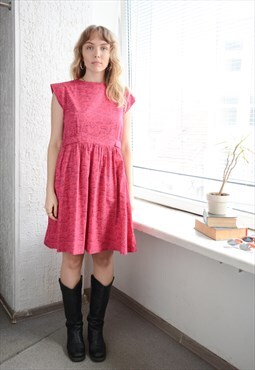 Vintage 80's Pink Cotton Clouds Print Midi Dress