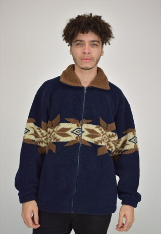 VINTAGE 90'S PRINTED NAVY FLEECE WITH ZIP