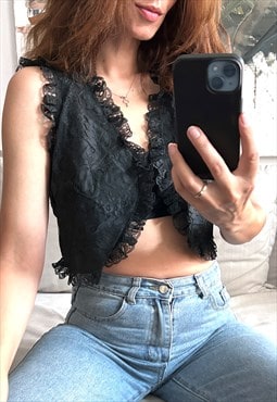 Black Lace Crop Glam Victorian Vest - XS - S