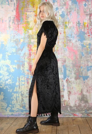 MAXI DRESS IN BLACK VELVET WITH SPLITS AND TASSELS