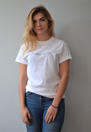 STAY SASSY SLOGAN EMBROIDERED WHITE T-SHIRT