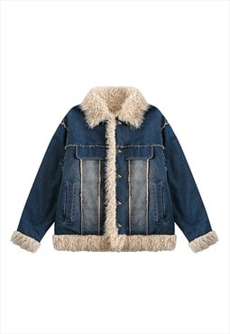 Winter denim jacket fleece bomber bleached jean coat blue 