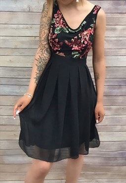 Black Floral Sequin Chiffon Party Dress