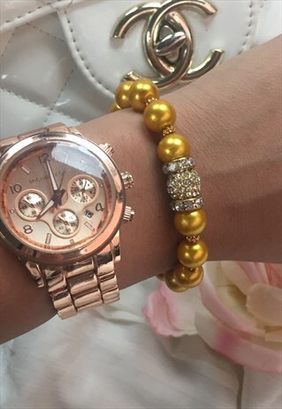 GOLD SWAROVSKI CRYSTAL AND PEARL BEAD BRACELET